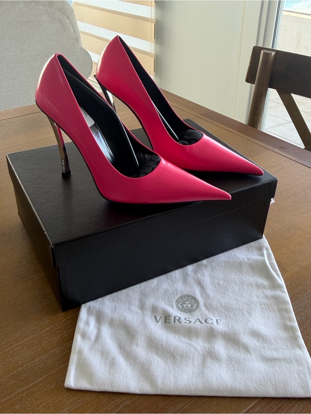 Versace Hot Pink Pointed Toe Stiletto Pumps with Metallic Silver Heels